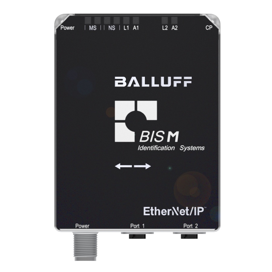 Balluff BIS M EtherNet/IP processor, front view: status LEDs, power port, and two Ethernet ports labeled Port 1 and Port 2.