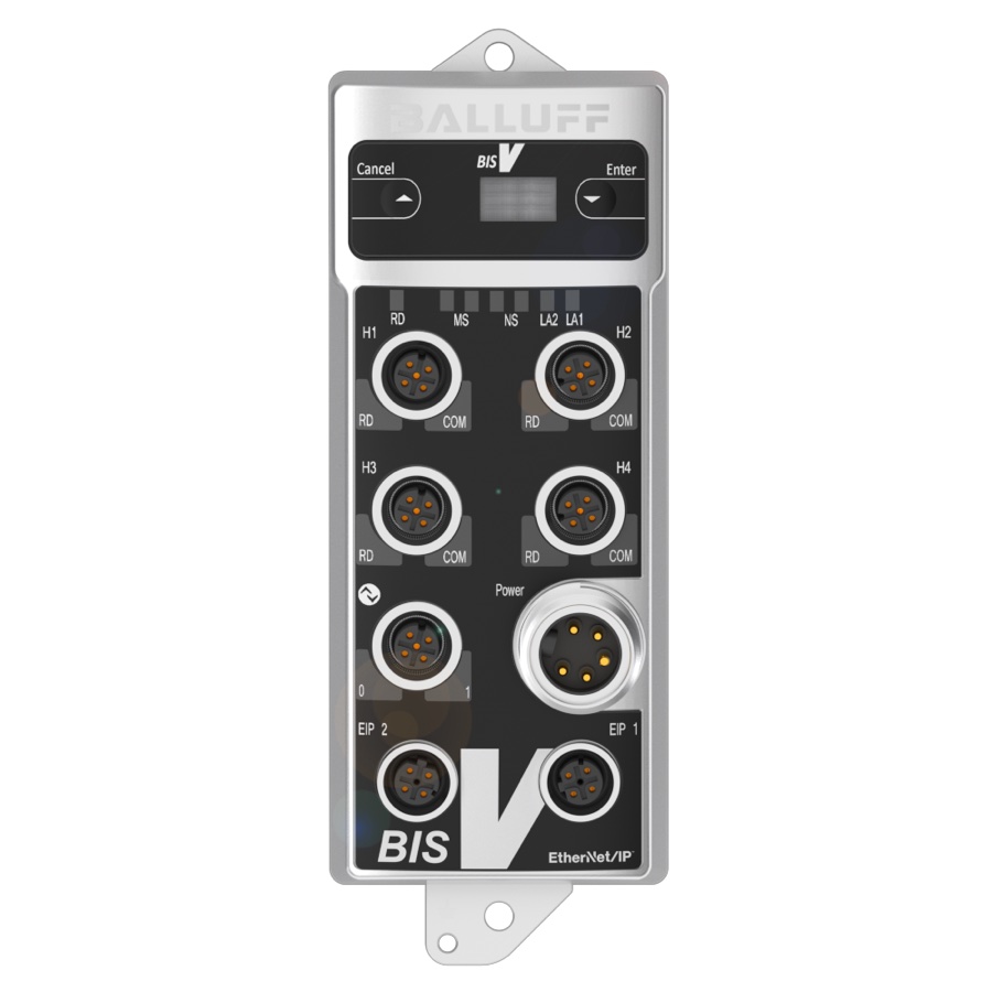 Balluff BIS V processor, front view: four M12 head ports labeled H1 to H4, power port, and two EtherNet/IP network ports.