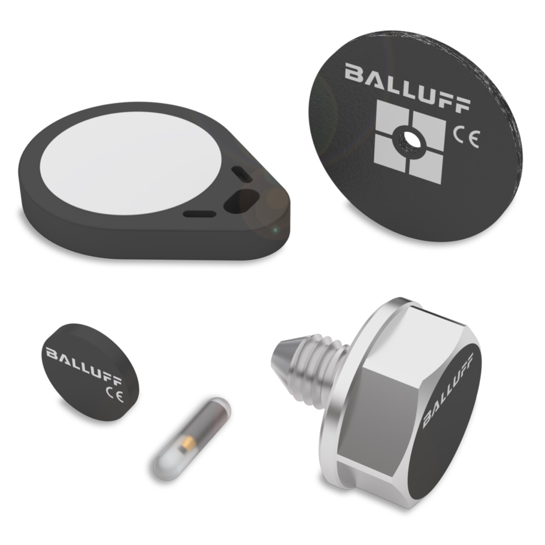 Balluff data carriers: key fob tag, disc tags, a glass capsule tag, and a screw-in bolt tag.